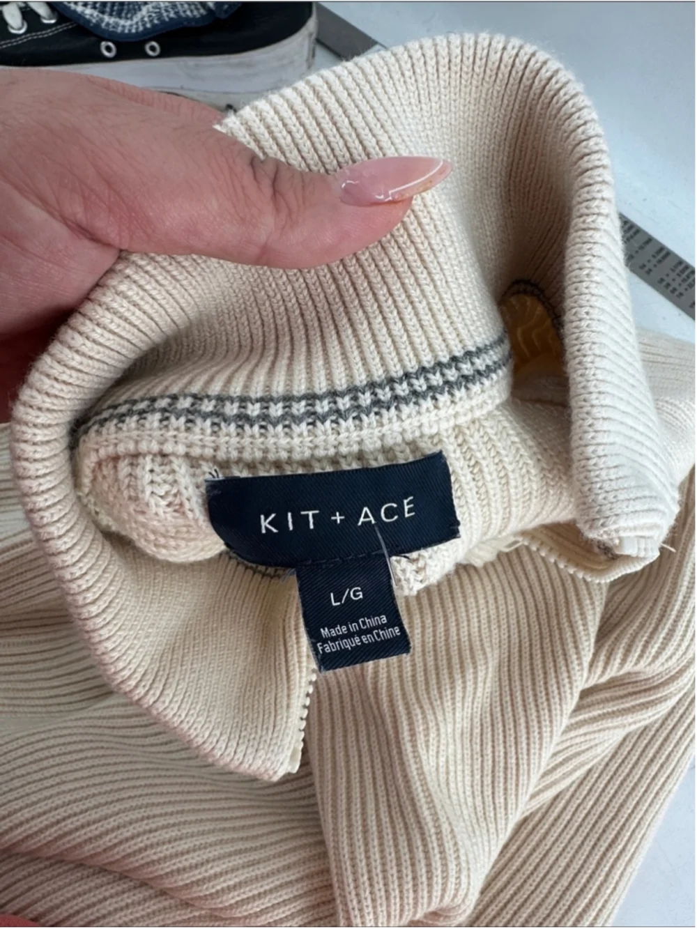 Kit & Ace 1/4 zip cream Ribbed Sweater wool blend sz lg